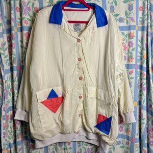 Vintage 80s “Be In The Current Seen” White Geometric Coat With Shoulder Pads